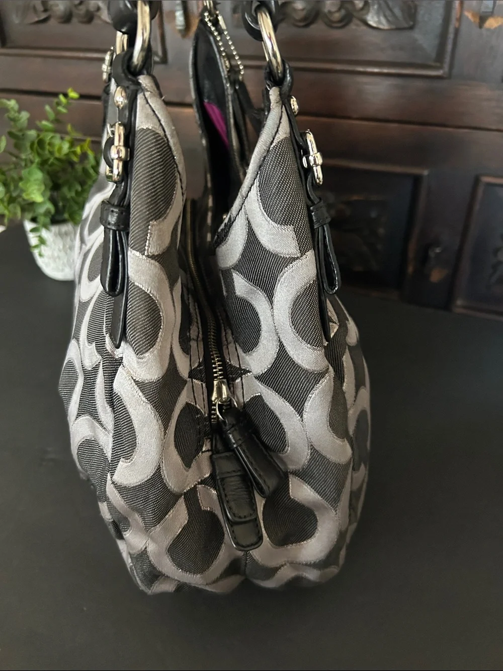 Coach Black & Gray Signature Canvas Shoulder Bag